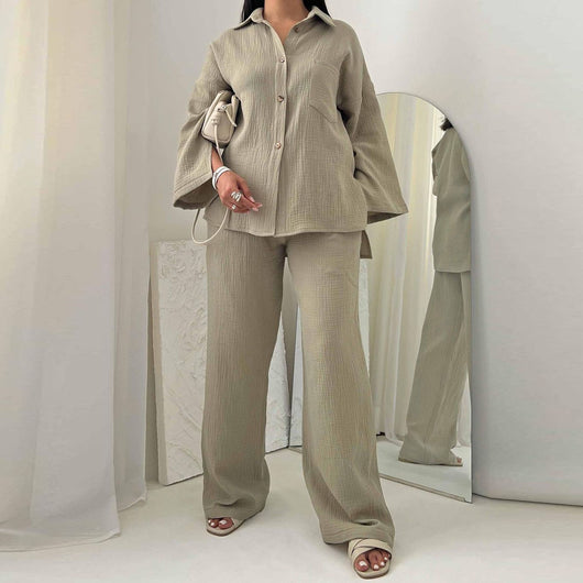 Conjunto de Moda Otoñal: Blusa Champray Manga Larga y Pantalón Wide Leg Cintura Alta