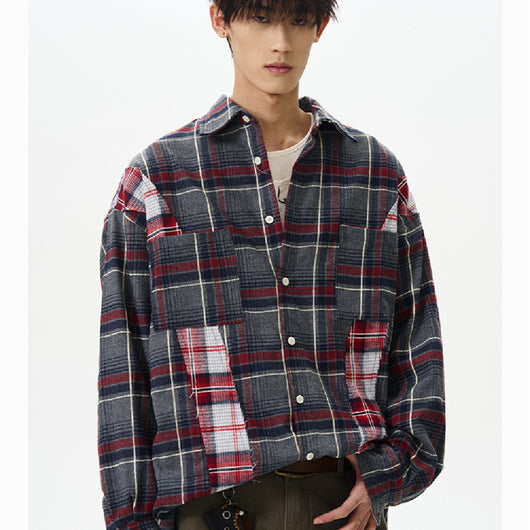 Camisa Cuadriculada Patchwork Vintage Manga Larga Unisex - Image 7