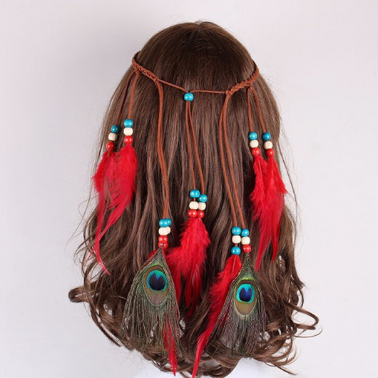 Adorno para cabello con cuerda de cuero y pluma de pavo real - Image 3