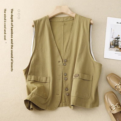 Chaleco Retro Coreano Mujer en Algodón y Lino - Image 7