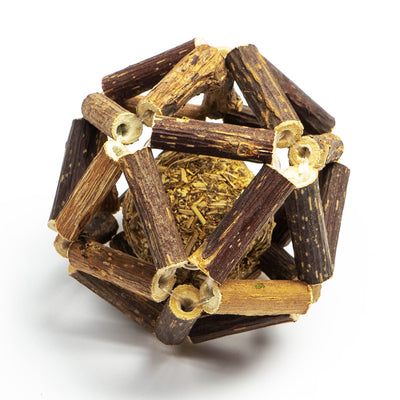 Natural catnip ball toy with a geometric cage made of dark and light brown wooden sticks for cats. - Image 6