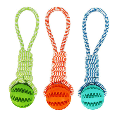 Blue and white braided rope dog toy with a teal rubber treat-dispensing ball for chewing and teeth cleaning. - Image 4