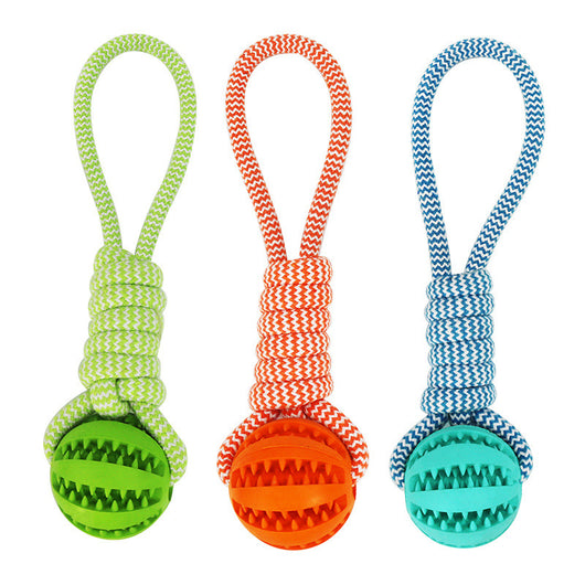 Blue and white braided rope dog toy with a teal rubber treat-dispensing ball for chewing and teeth cleaning. - Image 4