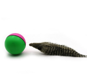 Green and pink two-tone ball with a furry gray beaver-like pet toy on a white background. - Image 6