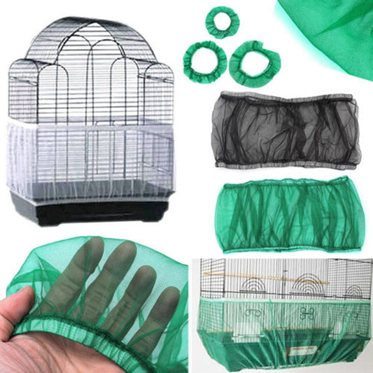 White mesh bird cage cover on a black wire bird cage with a black base, designed to catch seeds and dust.