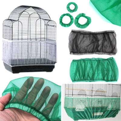 White mesh bird cage cover on a black wire bird cage with a black base, designed to catch seeds and dust.