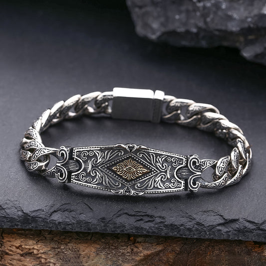 Pulsera de Plata Esterlina Patrón Hierba Tang Tipo Grueso para Hombre