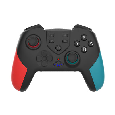 Black wireless Bluetooth gamepad with red left grip and blue right grip, dual joysticks, and action buttons.
