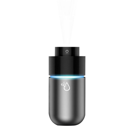 Silver-gray car humidifier and air purifier with a black top, emitting mist and glowing with a blue LED light. - Image 6