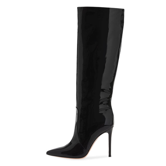 Botas Negras Stiletto Punta Fina Hasta la Rodilla