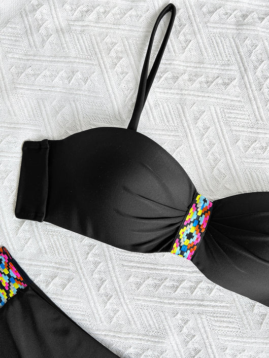 Black split bikini swimsuit for women with a bandeau top and high-cut bottom, featuring colorful geometric patterns. - Image 12