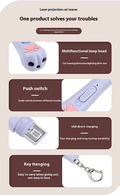 Light purple paw-shaped cat laser pointer toy with USB charging, featuring multiple red laser patterns, soft white light, and UV light. - Image 22