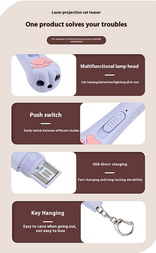 Light purple paw-shaped cat laser pointer toy with USB charging, featuring multiple red laser patterns, soft white light, and UV light. - Image 22