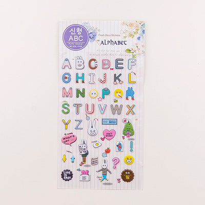 Sheet of colorful puffy alphabet stickers with cute cartoon animals, food, and objects for decoration. - Image 11