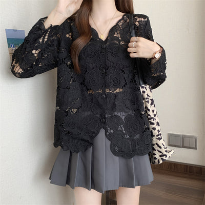 Blusa Larga de Encaje Calado con Mangas Largas para Mujer - Image 5