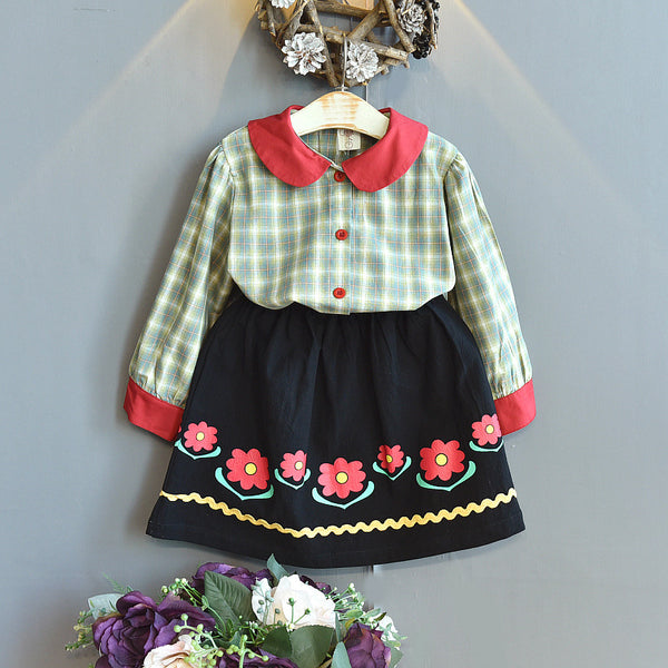 Conjunto Infantil de Falda y Blusa a Cuadros con Contraste de Colores