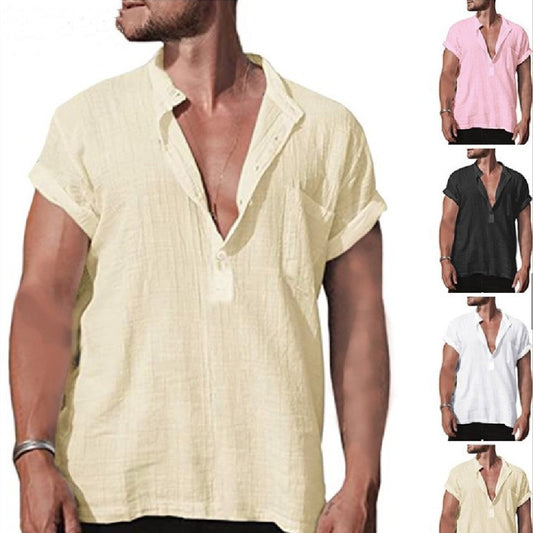Camisa Suelta de Cuello Clásico con Bolsillo y Manga Corta
