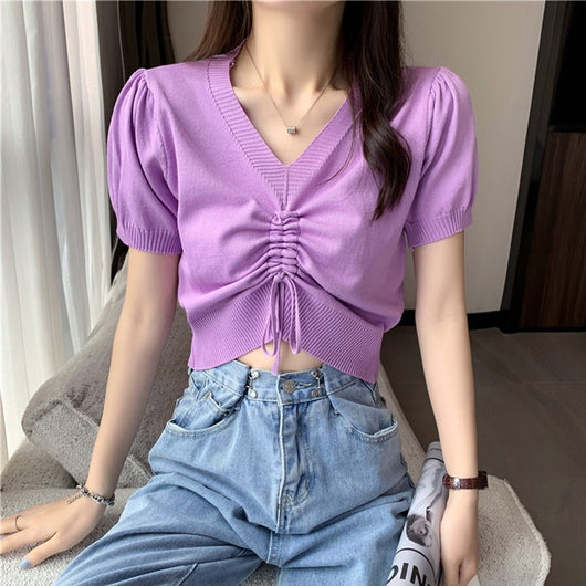 Blusa de Punto Escotada V Manga Corta para Verano - Image 10