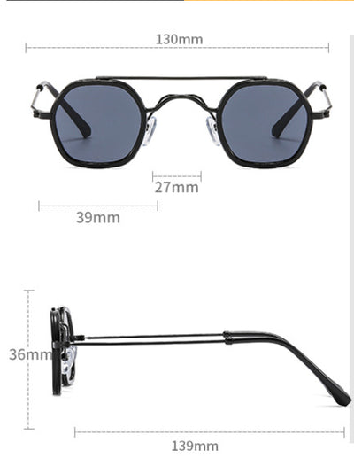 Green hexagonal frame sunglasses with blue to peach gradient lenses and gold-tone double bridge and temples. - Image 12