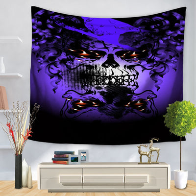 Purple and black tapestry featuring a stylized skull design with glowing orange eyes and intricate patterns, hung on a wall. - Image 8