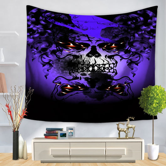 Purple and black tapestry featuring a stylized skull design with glowing orange eyes and intricate patterns, hung on a wall. - Image 8