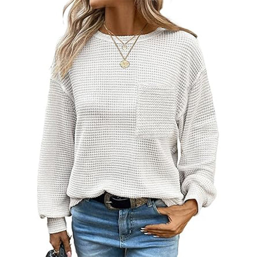 Blusa Tejida Waffle Manga Larga Cuello Redondo para Mujer - Image 11