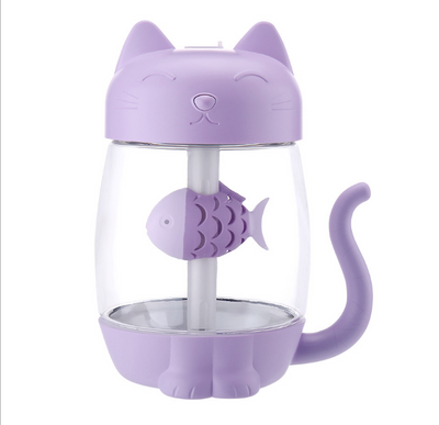 Pink cat-shaped USB humidifier with a clear body, decorative fish, and cute cat features like ears, paws, and tail. - Image 3