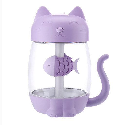 Pink cat-shaped USB humidifier with a clear body, decorative fish, and cute cat features like ears, paws, and tail. - Image 3