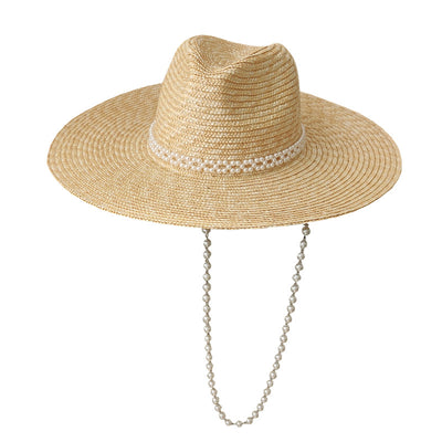 Sombrero de Paja Jazz con Cadena de Perlas y Ala Ancha para Playa - Image 15