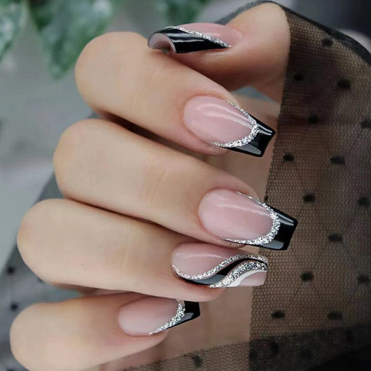 Stickers de Uñas Francesas Cuadradas Negras con Brillo