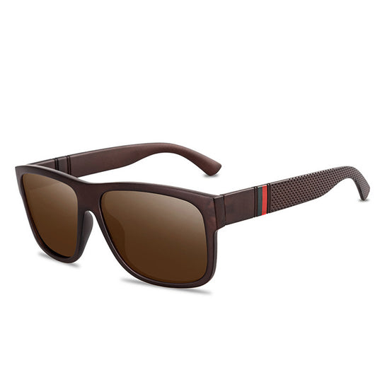 Men's grey plastic frame driving sunglasses with dark polarized lenses and red and black stripe detail on temples. - Image 5