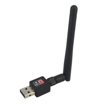 Black mini wireless USB WiFi adapter with an external antenna for PC networking.