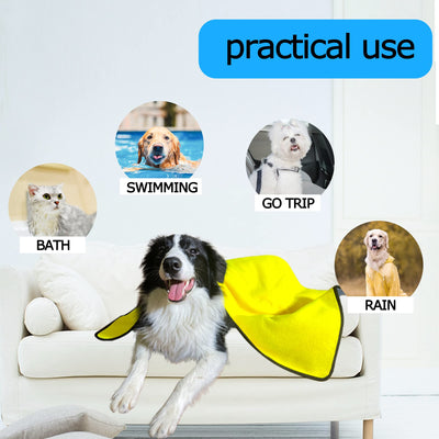 Yellow microfiber pet drying towel with black trim draped over a bathtub, with a golden retriever, poodle, and cat. - Image 2
