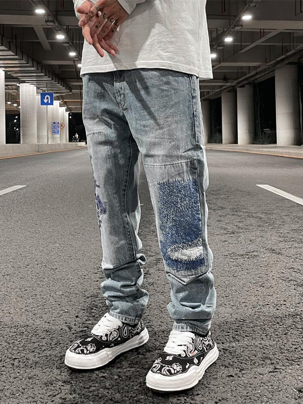 Jeans Rectos Casuales para Hombre con Diseño Floral Quemado y Lavado Industrial
