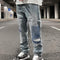 Jeans Rectos Casuales para Hombre con Diseño Floral Quemado y Lavado Industrial