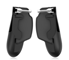 Black mobile gaming trigger with a silver button and nine circular control buttons, clamped onto a white smartphone. - Image 13