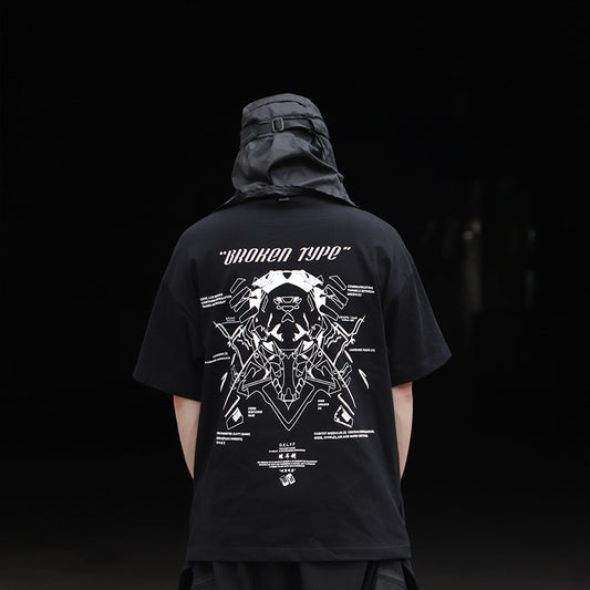 Camiseta Suelta de Manga Corta con Estampado Funcional y Bolsa Diagonal