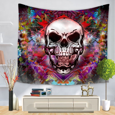 Purple and black tapestry featuring a stylized skull design with glowing orange eyes and intricate patterns, hung on a wall. - Image 4