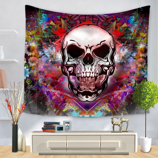 Purple and black tapestry featuring a stylized skull design with glowing orange eyes and intricate patterns, hung on a wall. - Image 4