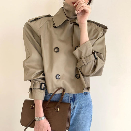 Abrigo Trench Corto Retro Coreano Doble Botonadura Oversize Manga Larga