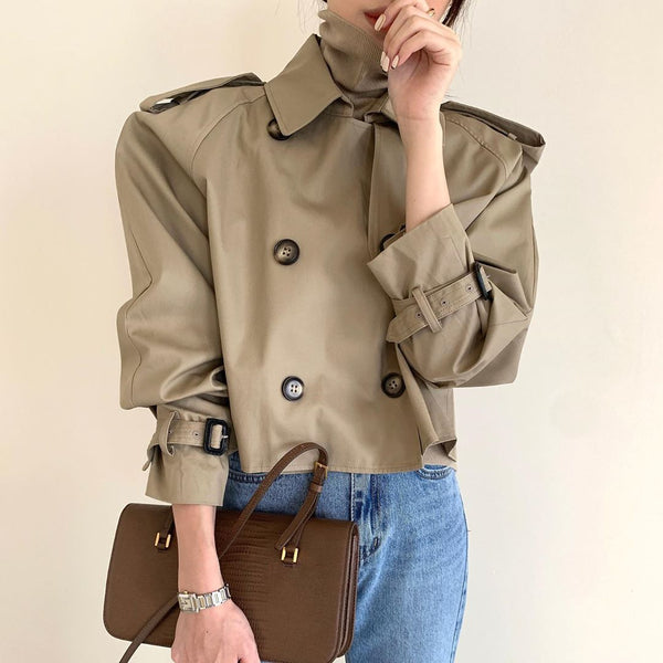 Abrigo Trench Corto Retro Coreano Doble Botonadura Oversize Manga Larga