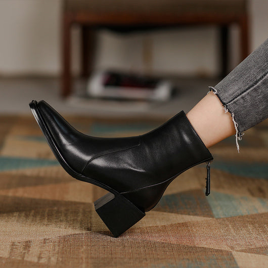 Botines de Cuero con Tacón Grueso y Punta Cuadrada para Mujer - Image 9