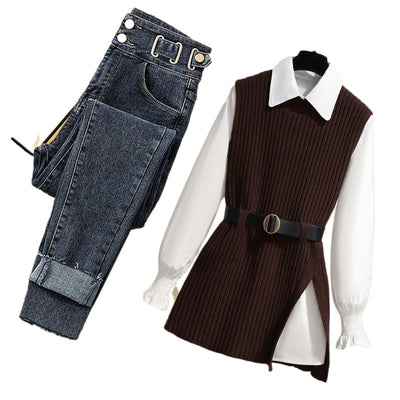 Conjunto de 3 Piezas: Chaleco Tejido, Camisa y Jeans para Mujer - Image 5