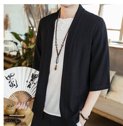 Camisa Cardigan Hanfu de Algodón y Lino - Estilo Asiático Manga 3/4 Hombre - Image 11