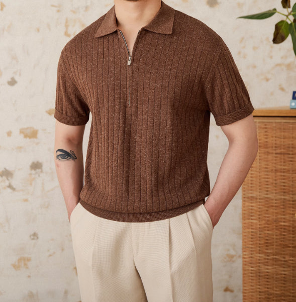 Camisa de Lino Mezcla con Cierre y Rayas Hundidas Manga Corta - Image 6