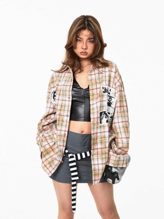 Camisa Cuadros Vintage Desgastada Suelta Estampada - Image 10