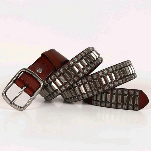 Cinturón Hip-Hop Pagoda Retro con Remaches de Cuero Genuino Unisex - Image 2