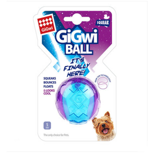 Two-tone blue and orange chewable rubber ball with textured surface for pets, 5cm in size.