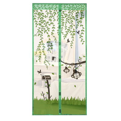 Purple magnetic mosquito curtain with a playful design featuring monkeys, birds, and leaves, installed in a doorway. - Image 3
