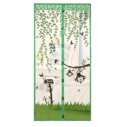 Purple magnetic mosquito curtain with a playful design featuring monkeys, birds, and leaves, installed in a doorway. - Image 3
